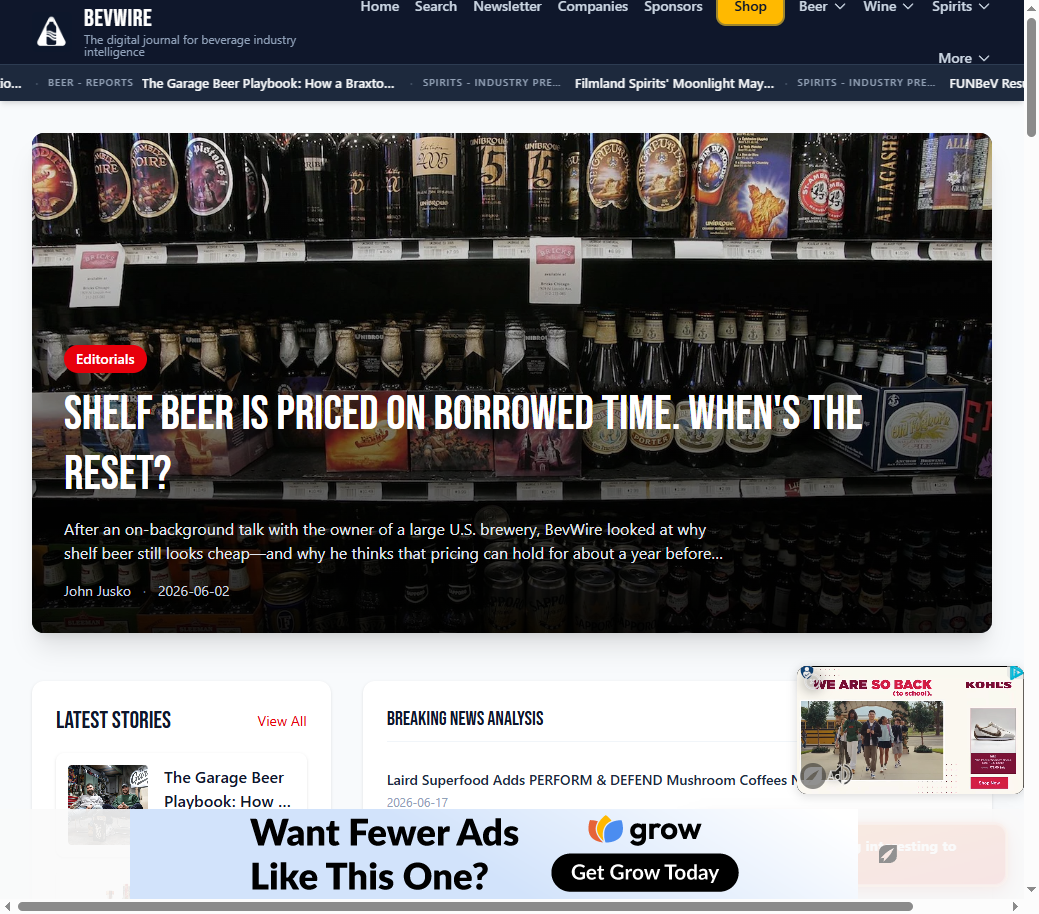 BevWire homepage with hero editorial and latest stories grid