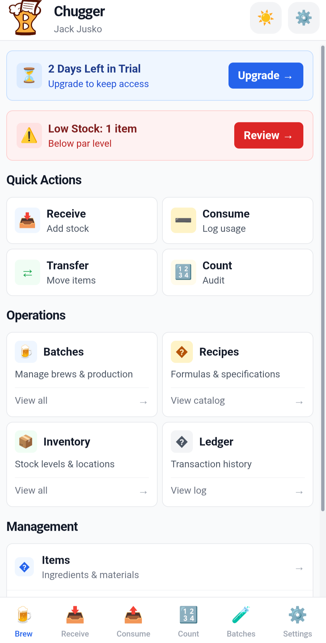 BrewLedger mobile app dashboard