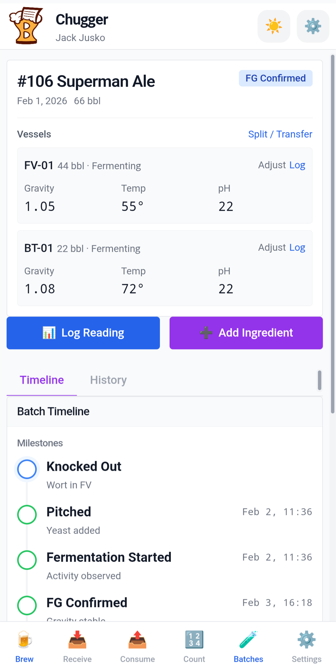 BrewLedger mobile batch detail