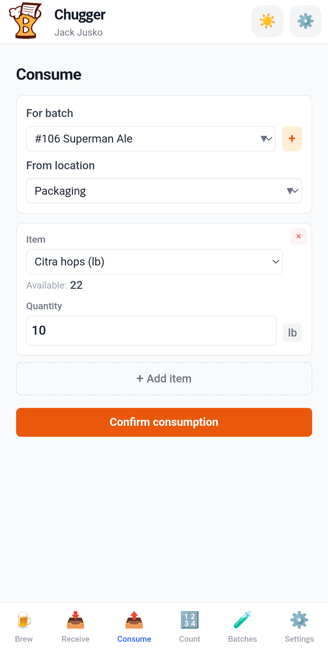 BrewLedger mobile inventory view